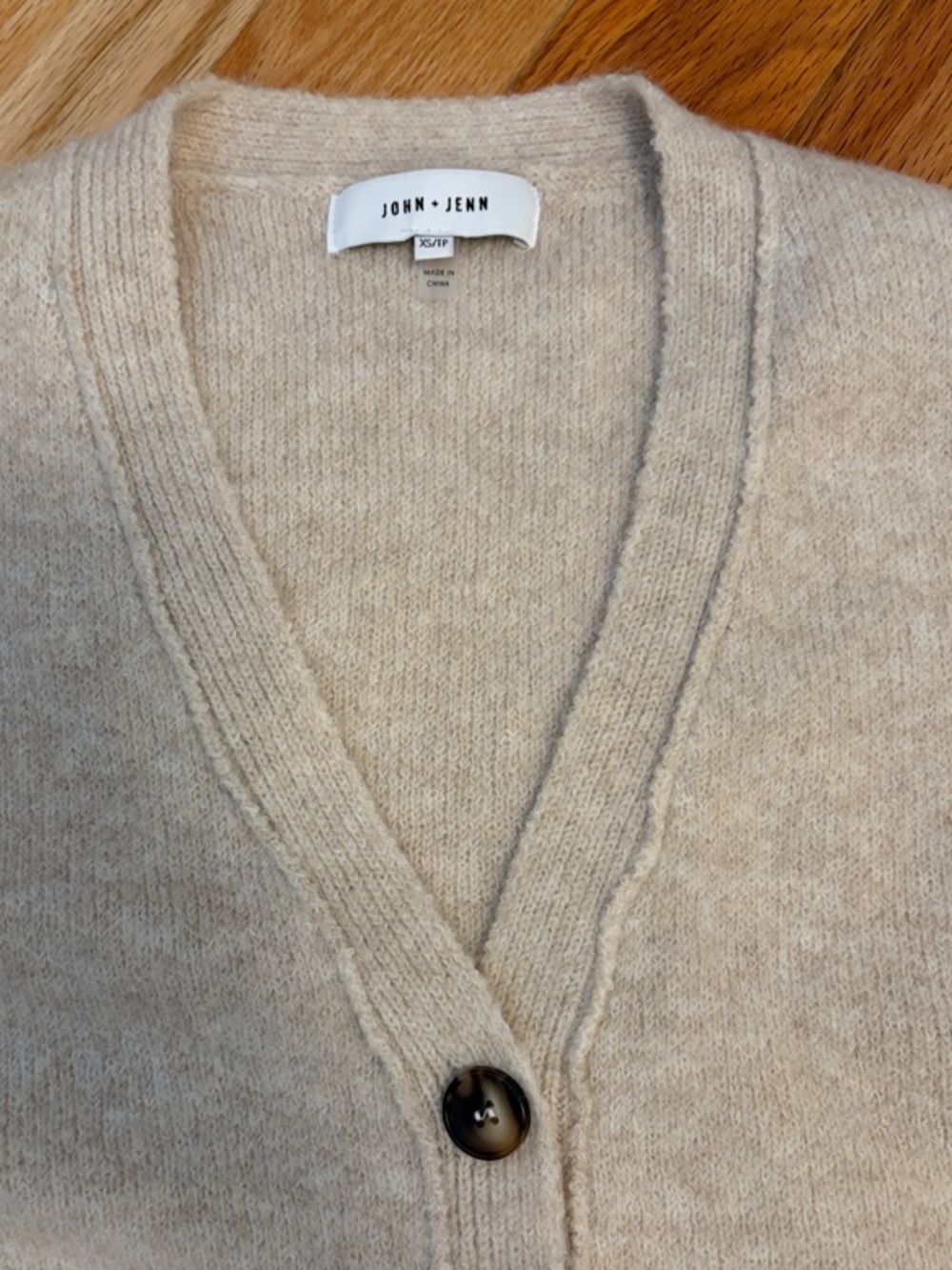 John + Jenn Beige V-Neck Single-Button Wool Blend Cardigan